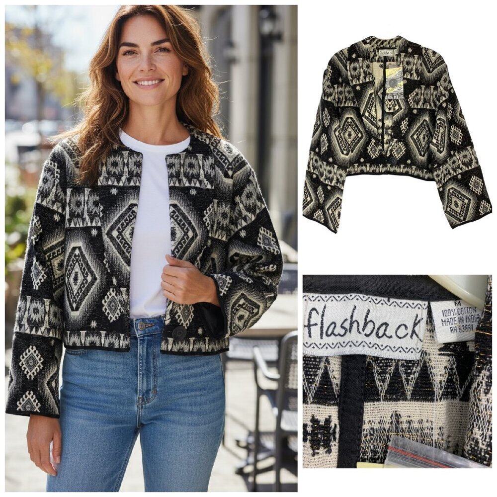 NEW Vintage Flashback Sz M Southwestern Tribal Cropped Blanket Kilim Jacket NWT